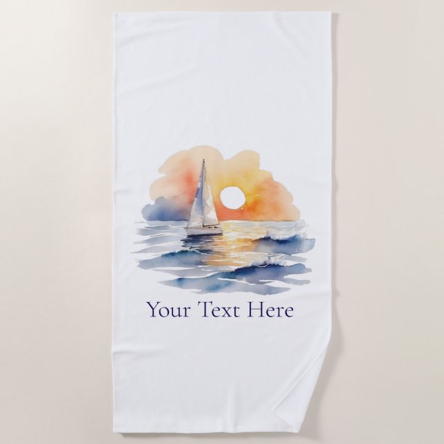Watercolor Sailing Sailboat Nautical Sunset Ocean Beach Towel (Front)