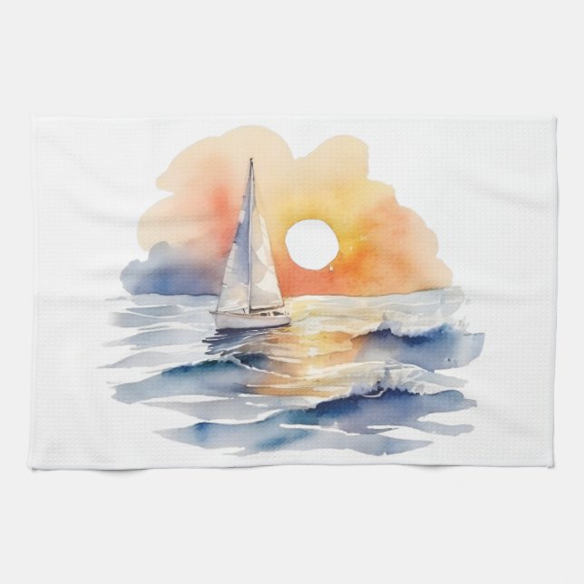 Watercolor Sailing Sailboat Nautical Sunset Ocean Tea Towel (Horizontal)