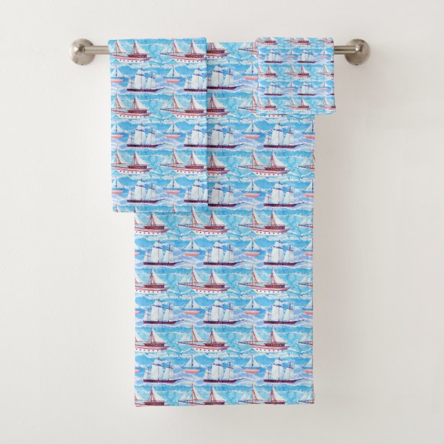 Watercolor Sailing Ships Pattern Bath Towel Set (Insitu)