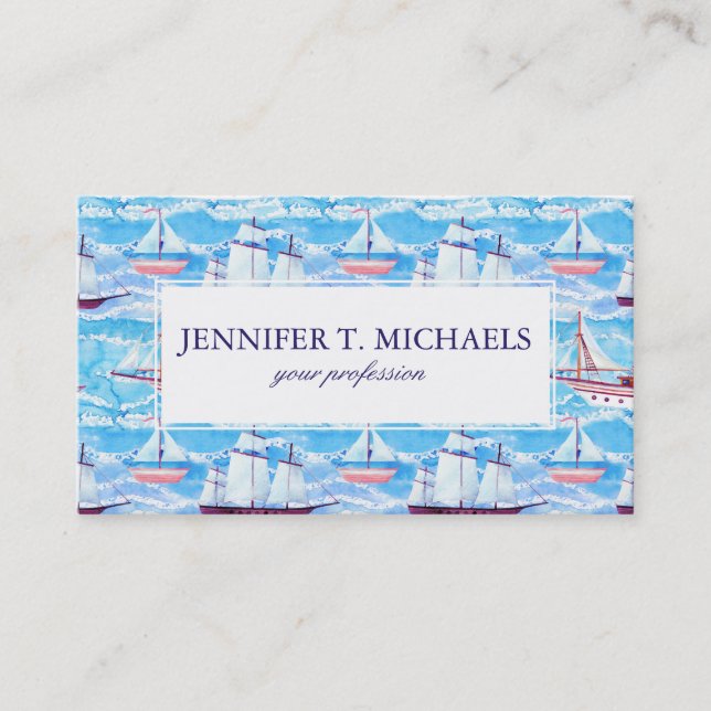 Watercolor Sailing Ships Pattern Business Card (Front)