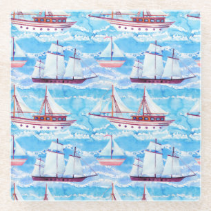 Watercolor Sailing Ships Pattern Glass Coaster