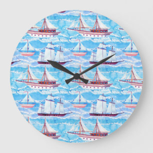 Watercolor Sailing Ships Pattern Large Clock