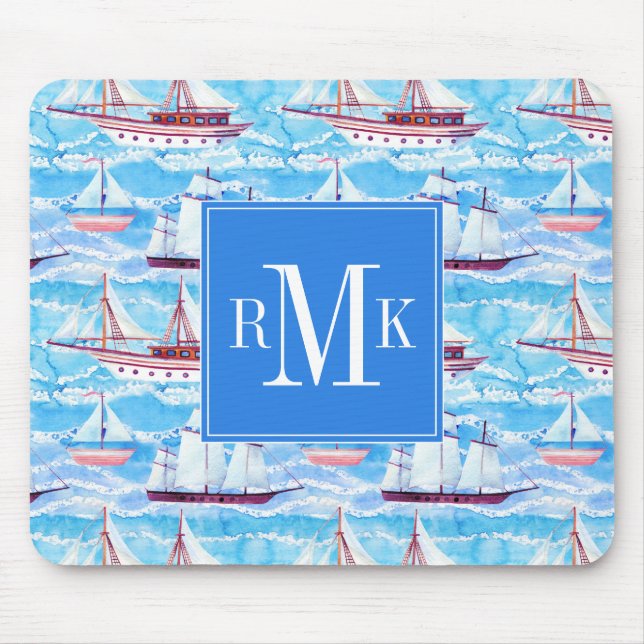 Watercolor Sailing Ships Pattern Mouse Mat (Front)
