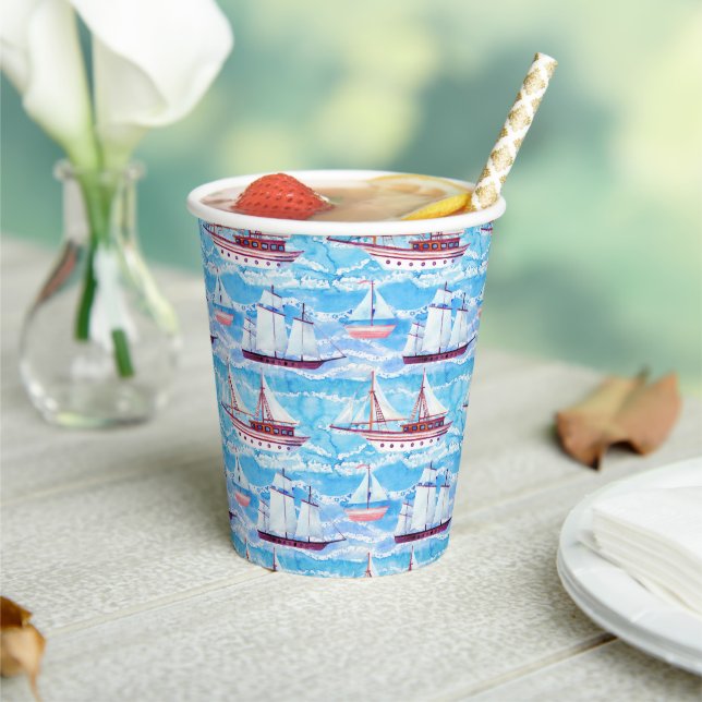 Watercolor Sailing Ships Pattern Paper Cups (Insitu)