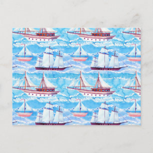 Watercolor Sailing Ships Pattern Postcard