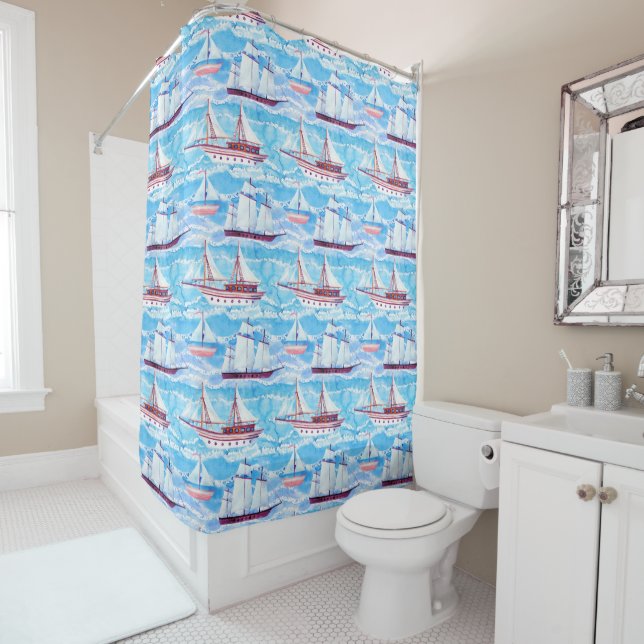 Watercolor Sailing Ships Pattern Shower Curtain (In Situ)