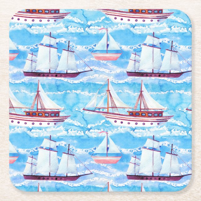 Watercolor Sailing Ships Pattern Square Paper Coaster (Front)