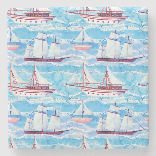 Watercolor Sailing Ships Pattern Stone Coaster (Front)