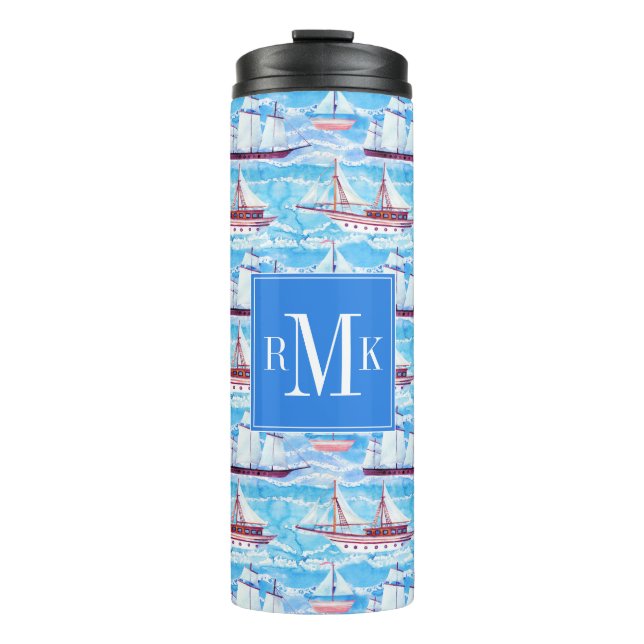 Watercolor Sailing Ships Pattern Thermal Tumbler (Front)