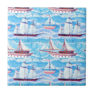 Watercolor Sailing Ships Pattern Tile