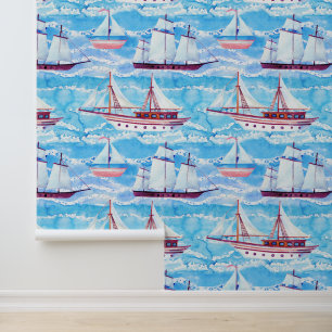Watercolor Sailing Ships Pattern Wallpaper