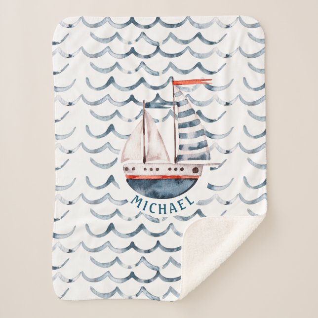 Watercolor sailor red and blue monogram sherpa blanket (Front)