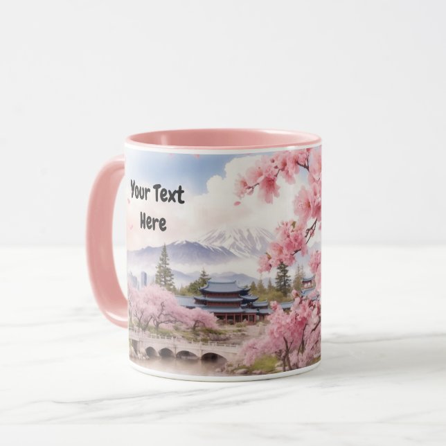 Watercolor Sakura Cherry Blossom and Mountain View Mug (Front Left)