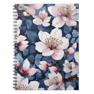Watercolor Sakura Floral Navy Blue Elegant Spiral  Notebook