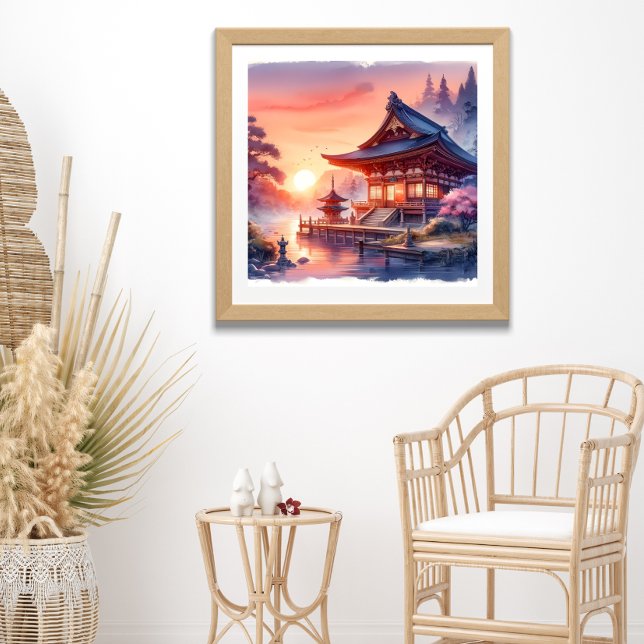 Watercolor Sakura Japanese Temple in Sunset  Poster (Creator Uploaded)