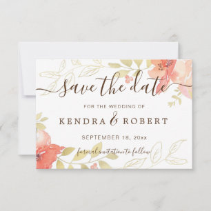 Watercolor Salmon Pink Roses & Gold Foliage Save T The Date