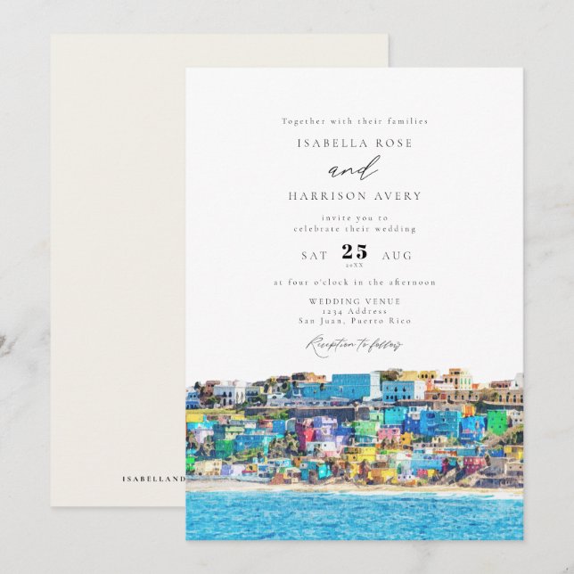 Watercolor San Juan Puerto Rico Buildings Wedding Invitation (Front/Back)