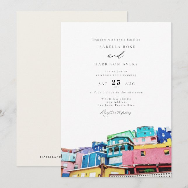 Watercolor San Juan Puerto Rico Buildings Wedding Invitation (Front/Back)
