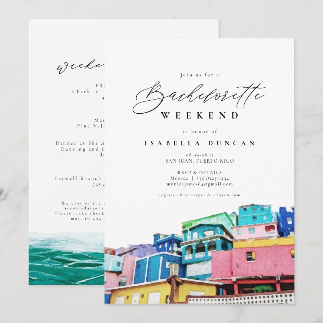 Watercolor San Juan Puerto Rico Skyline Tropical Invitation (Front/Back)