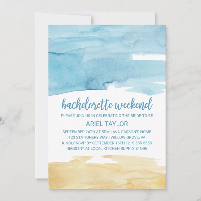 Watercolor Sand and Sea Bachelorette Weekend Invitation (Front)