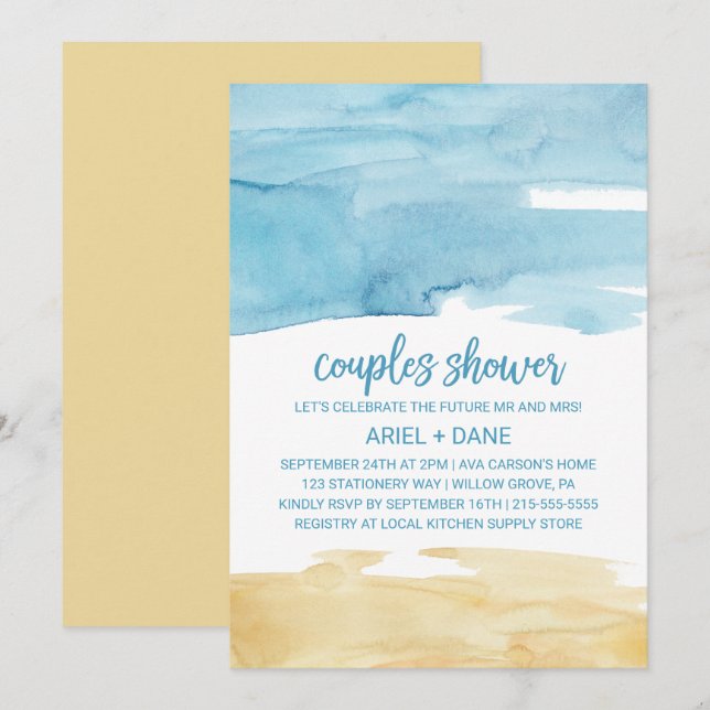 Watercolor Sand and Sea Couples Shower Invitation (Front/Back)