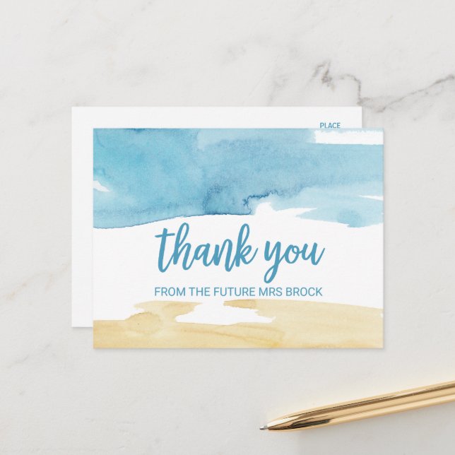 Watercolor Sand and Sea Thank You Postcard (Front/Back In Situ)