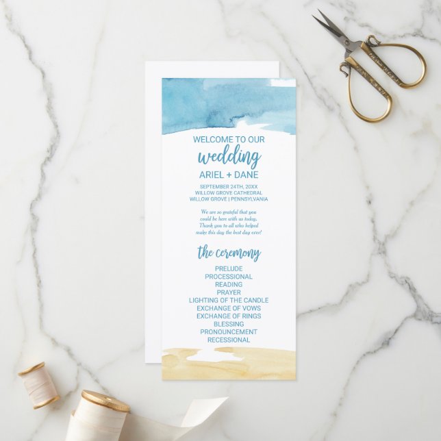 Watercolor Sand and Sea Wedding Program Programme (Front/Back In Situ)