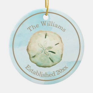 Watercolor Sand Dollar Beach Name & Anniversary Ceramic Tree Decoration