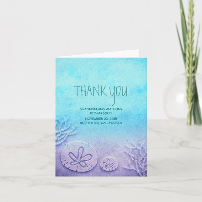 watercolor sand dollar beach wedding thank you card (Front)