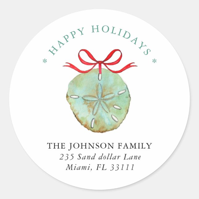 Watercolor Sand dollar Holiday address Classic  Round Sticker (Front)