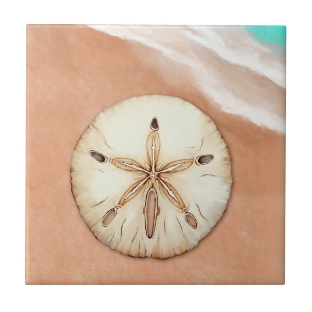  Watercolor Sand Dollar on the Beach Tile (Front)
