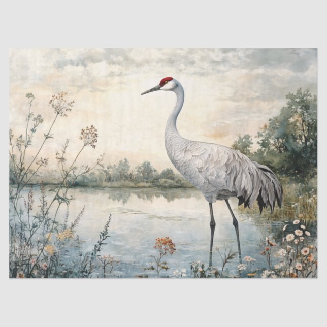 Watercolor Sandhill Crane on a Pond Decoupage Tissue Paper (Front)