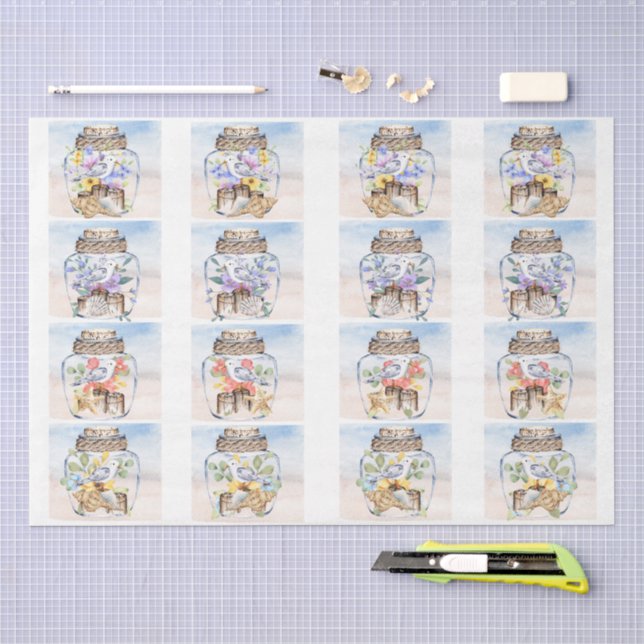 Watercolor Sandpipers Florals Seashells Decoupage  Tissue Paper (Craft)
