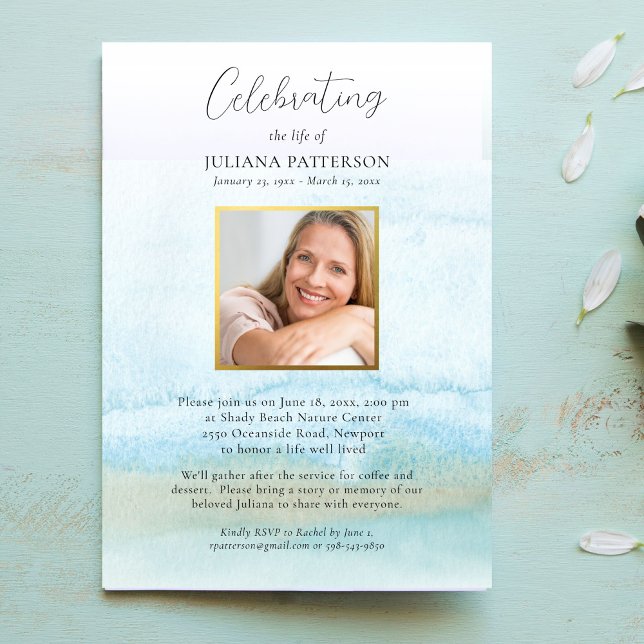 Watercolor Sandy Beach Celebration of Life Photo Invitation (Creator Uploaded)