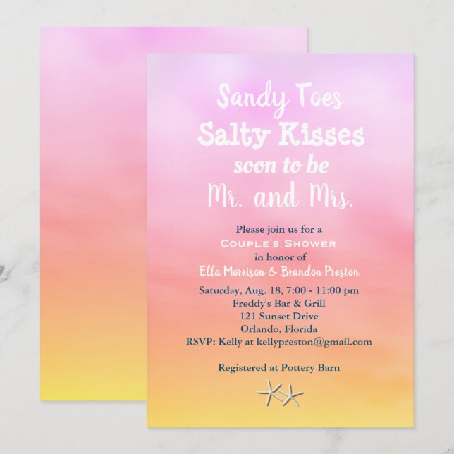 Watercolor Sandy Toes Couple's Shower sunset Invitation (Front/Back)