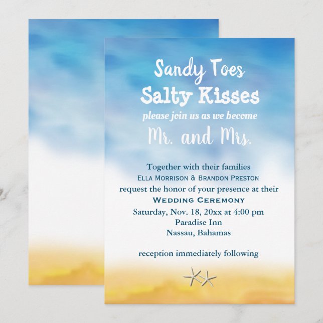 Watercolor Sandy Toes Wedding Invite - sky & sand (Front/Back)