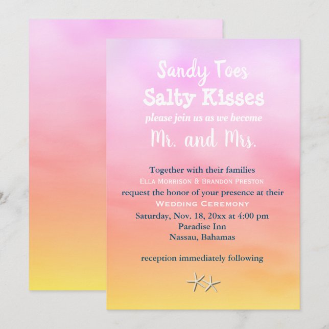 Watercolor Sandy Toes Wedding Invite sunset (Front/Back)