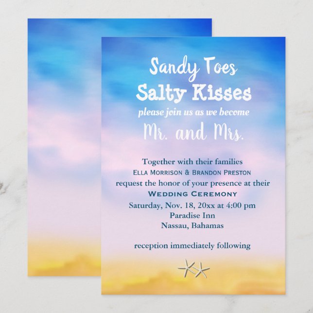 Watercolor Sandy Toes Wedding Invite sunset & sand (Front/Back)