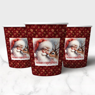 Watercolor Santa and Rudolph Classic Christmas   Paper Cups