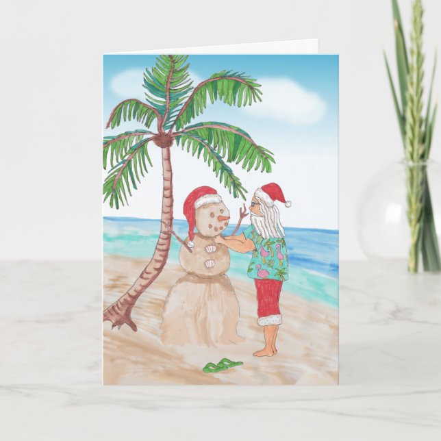 Watercolor Santa and Sandy Snowman Christmas Card (Front)