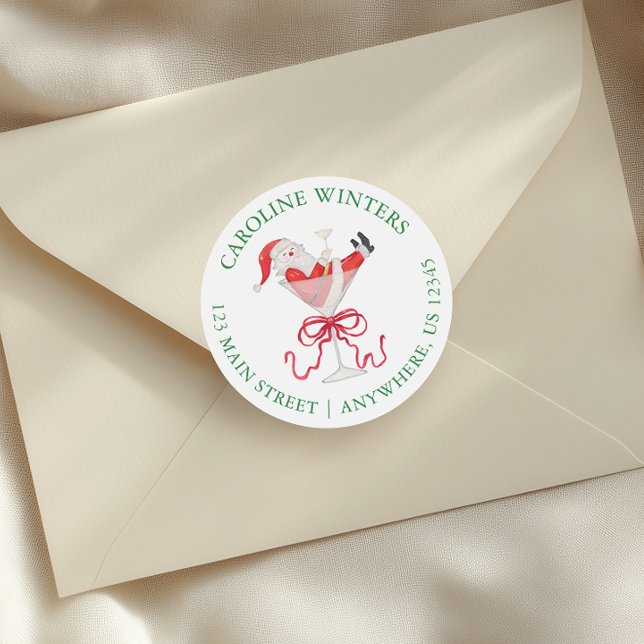 Watercolor Santa Christmas Cocktail Party Address Classic Round Sticker (Creator Uploaded)