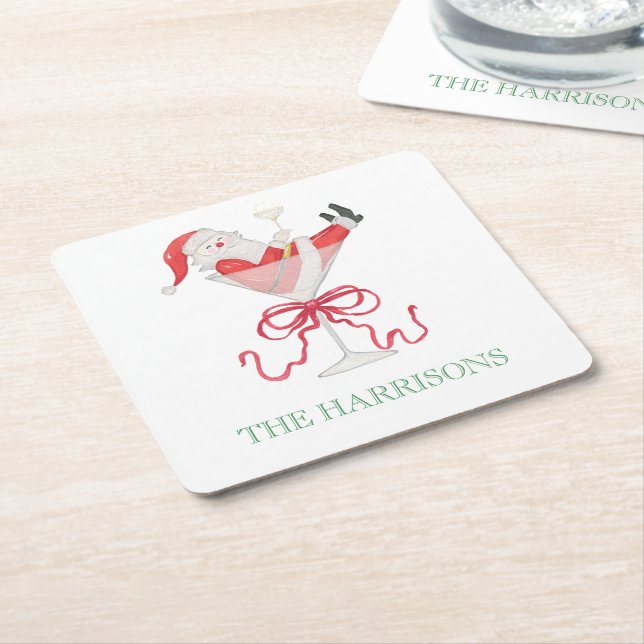 Watercolor Santa Christmas Cocktail Party Square Paper Coaster (Angled)