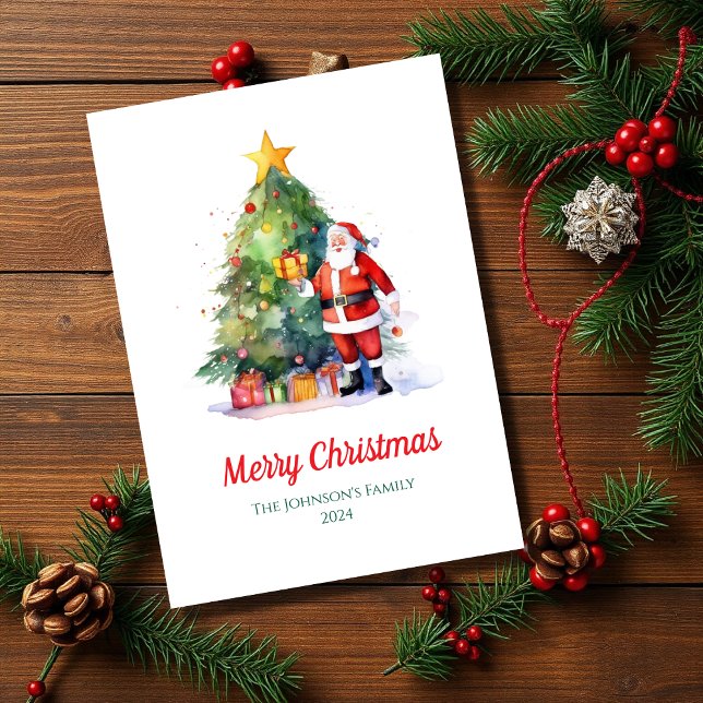 Watercolor Santa Christmas Tree Non Photo Holiday Card (Creator Uploaded)