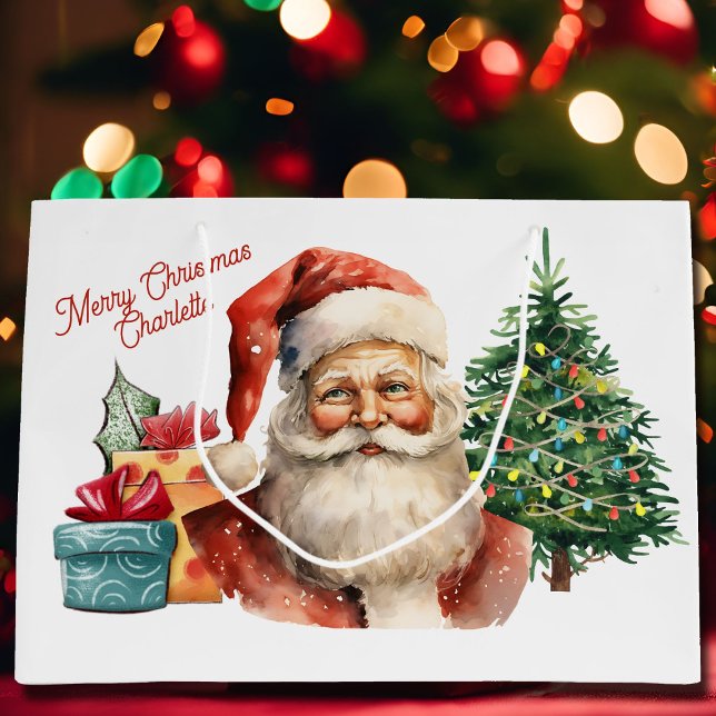 Watercolor Santa Claus Add Name Cute Large Gift Bag (Creator Uploaded)
