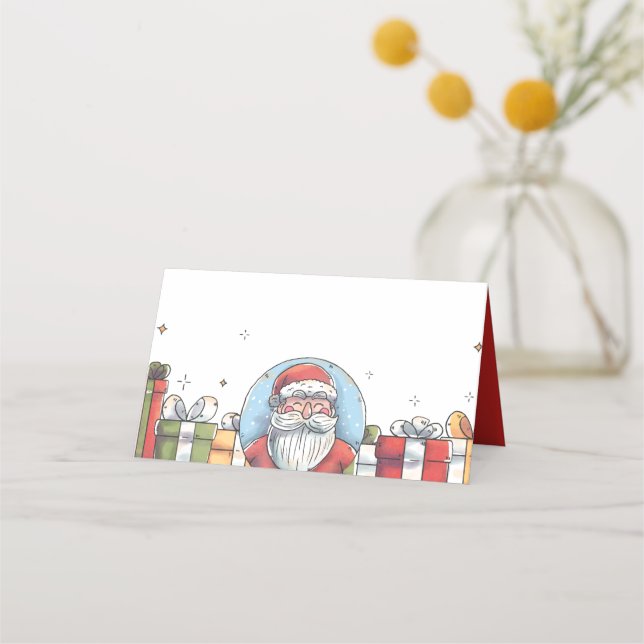 Watercolor Santa Claus and Christmas Gifts Place Card (Front)
