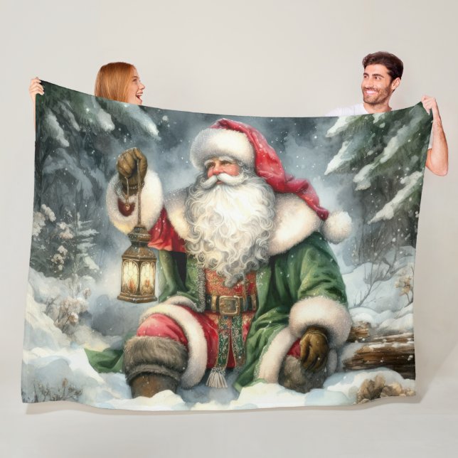 Watercolor Santa Claus Christmas Snow Forest Fleece Blanket (In Situ)