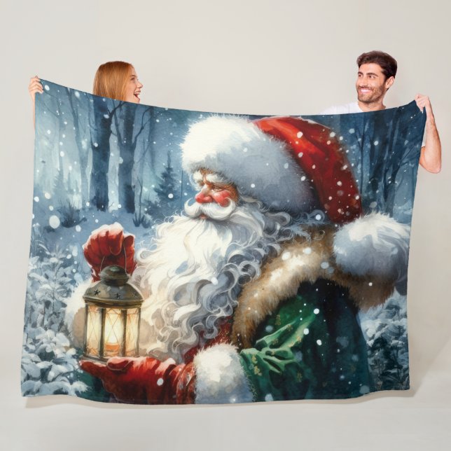 Watercolor Santa Claus Christmas Snow Forest Fleece Blanket (In Situ)