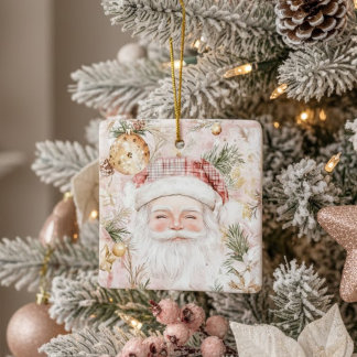 Watercolor Santa Claus Gold Pink Christmas Holiday Ceramic Ornament