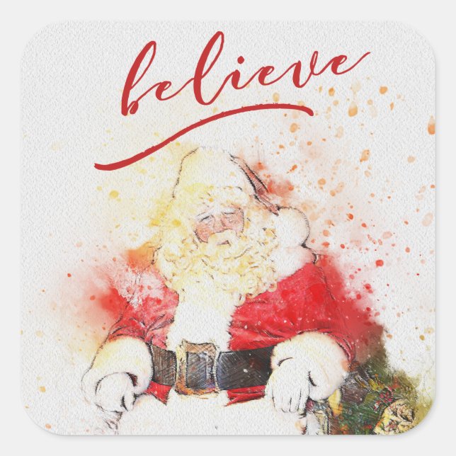 Watercolor Santa Claus with Believe Calligraphy Square Sticker (Front)
