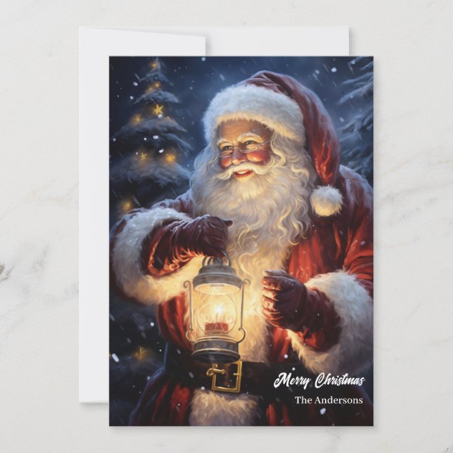 Watercolor Santa Claus with Christmas lantern Holiday Card (Front)